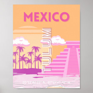 Poster Tulum, Art de voyage, Art rétro, Rose, Orange