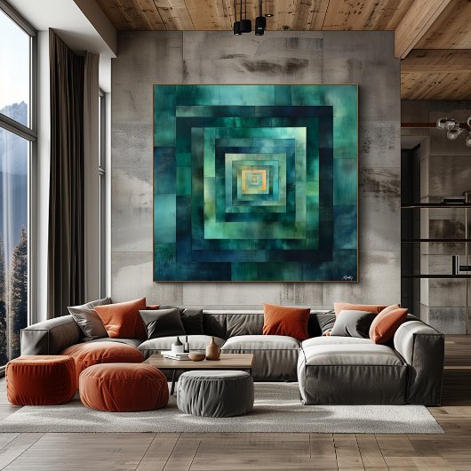 Poster Tunnel géométrique Art Abstrait - Turquoise et ver