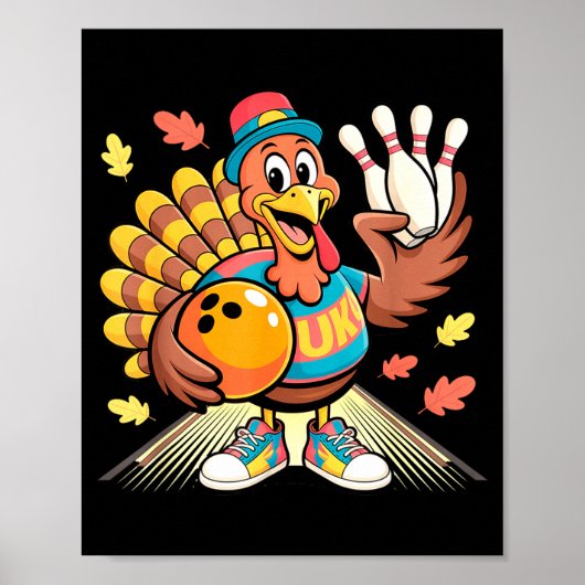 Poster Turkey Playing Bowling Thanksgiving Turkey Tail Bo (Devant)