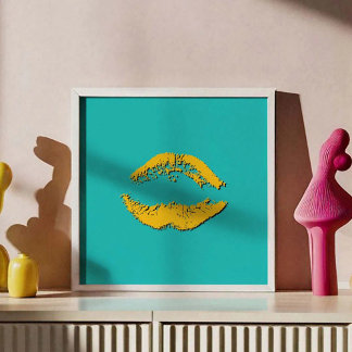 Poster Turquoise and Yellow Kissing Lips