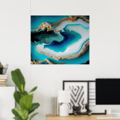 Poster Turquoise Aqua Blue Gold Gemstone Acrylique Pour A (Bureau à domicile)