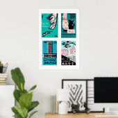 Poster Turquoise & Black Matchbox Labels Grid Print (Bureau à domicile)