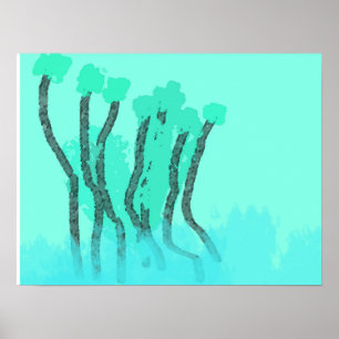 Poster Turquoise Bleu Vert Bord de plage Arbres Eau Abstr