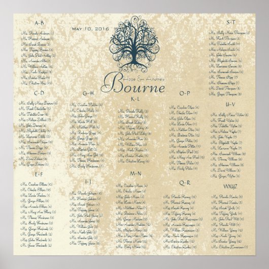 Poster Turquoise Blue Ivory Swirl Tree 150 invités alphab (Devant)