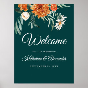 Poster Turquoise Burnt Orange Élégant Floral Welcome Mari