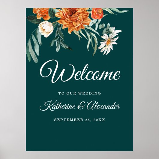 Poster Turquoise Burnt Orange Élégant Floral Welcome Mari (Devant)