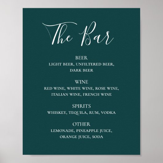 Poster Turquoise calligraphie script mariage bar boissons (Devant)
