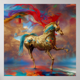 Poster Turquoise doré moderne et cheval rouge abstrait