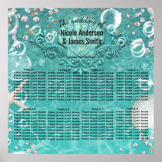 Poster Turquoise Enchanted Sea Starfish Bubbles Table Siè (Devant)