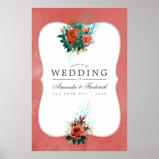 Poster Turquoise et Coral Floral Mariage Bienvenue (Devant)
