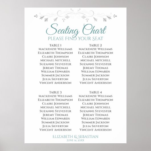 Poster Turquoise et gris Simple Mariage de 4 tables (Devant)