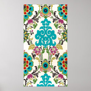 Poster Turquoise florale de prune de motifs de damassé