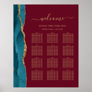 Poster Turquoise Gold Agate Bourgogne Mariage de 12 table