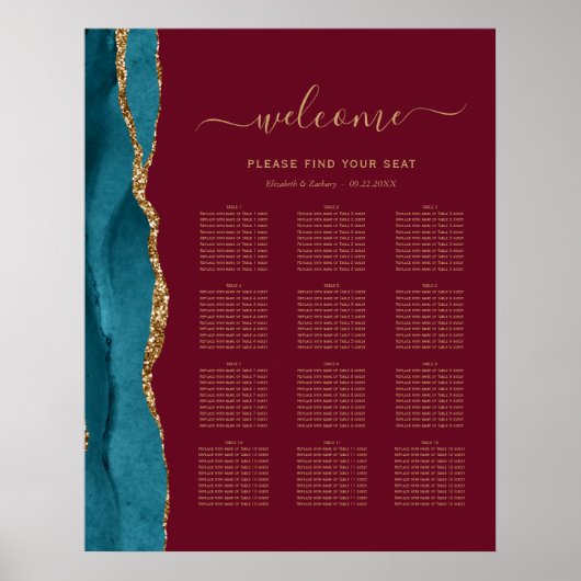 Poster Turquoise Gold Agate Bourgogne Mariage de 12 table (Devant)