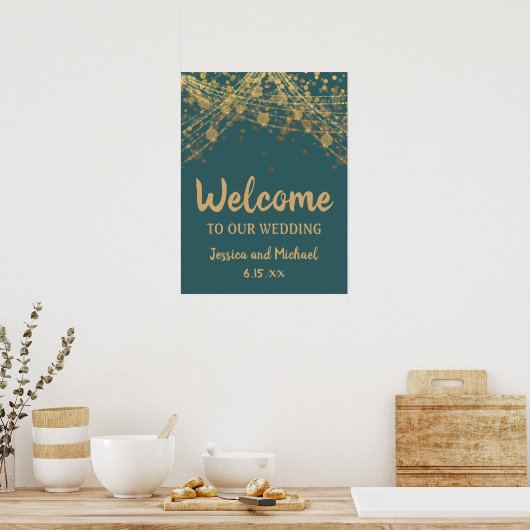 Poster Turquoise Gold String Lights Bokeh Mariage Bienven (Cuisine)