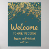 Poster Turquoise Gold String Lights Bokeh Mariage Bienven (Devant)