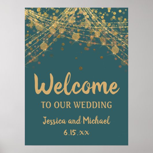 Poster Turquoise Gold String Lights Bokeh Mariage Bienven (Devant)
