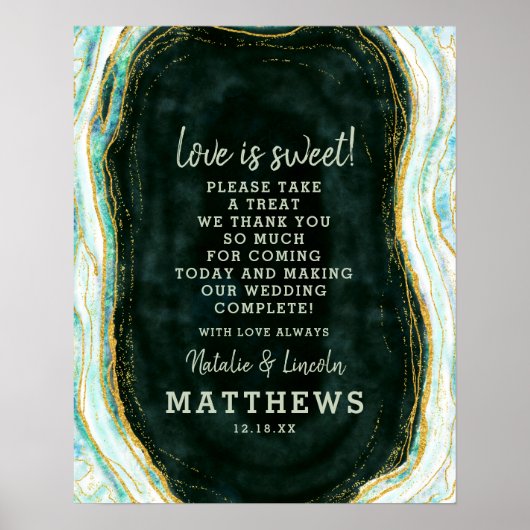 Poster Turquoise Green & Gold Geode Love is Sweet Mariage (Devant)