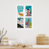 Poster Turquoise Japanese Matchbox Labels Grid Print (Cuisine)