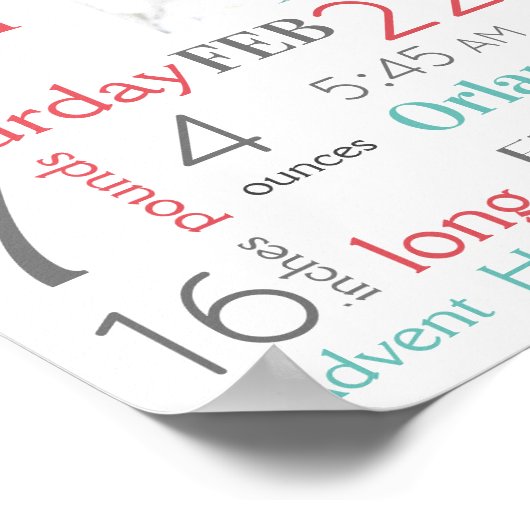 Poster Turquoise & Pêche Bébé Statistiques de naissance G (Coin)