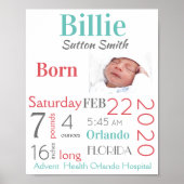 Poster Turquoise & Pêche Bébé Statistiques de naissance G (Devant)