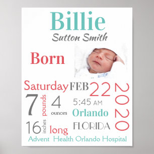 Poster Turquoise & Pêche Bébé Statistiques de naissance G