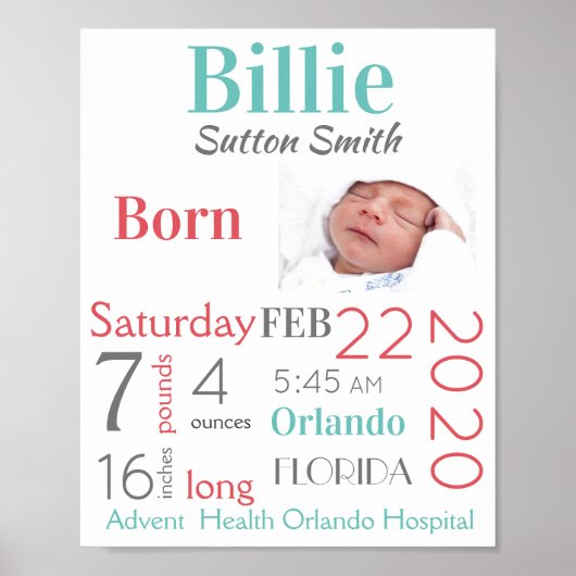 Poster Turquoise & Pêche Bébé Statistiques de naissance G (Devant)