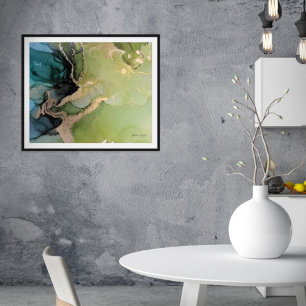 Poster Turquoise vert noir or Abstrait encre d'alcool
