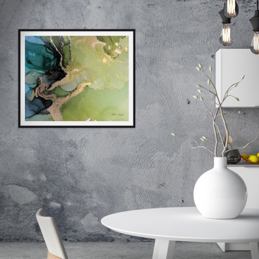 Poster Turquoise vert noir or Abstrait encre d'alcool