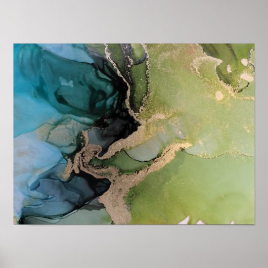 Poster Turquoise vert noir or Abstrait encre d'alcool (Devant)