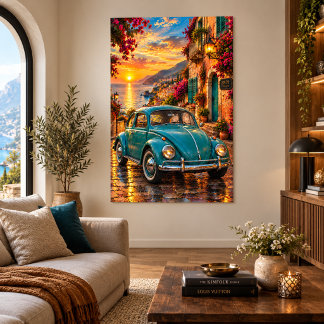 Poster Turquoise Vintage Beetle Méditerranéen Coucher de