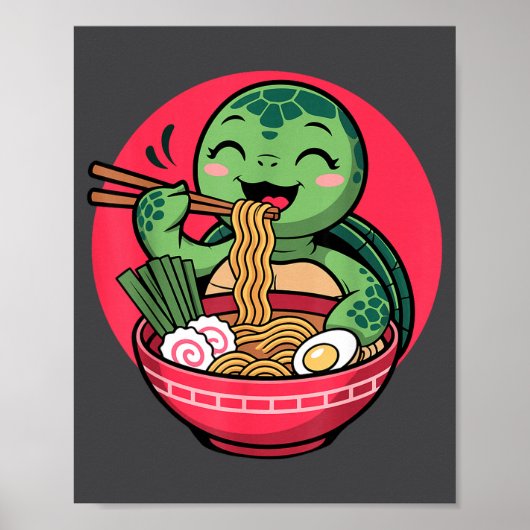 Poster Turtle Eating Ramen Kawaii Turtle Japanese Kawaii  (Devant)