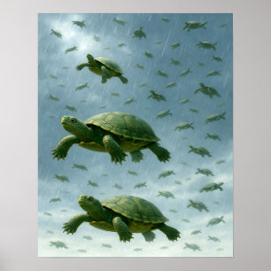 Poster Turtle Wall Art, Happy Turtle in the Rain Art