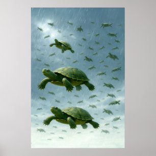 Poster Turtle Wall Art, Happy Turtle in the Rain Art
