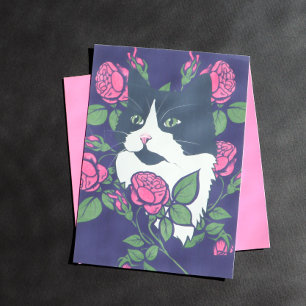 Poster Tuxedo Cat Peony Floral Art Tuxie Cats
