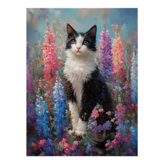 Poster Tuxedo Chat Colorful Lupine Fleurs Peinture (Devant)