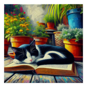 Poster Tuxedo Chat dormir sur un livre Jardin Peinture