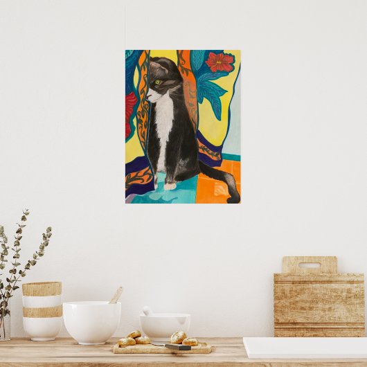 Poster Tuxedo Chat et rideaux brodés (Cuisine)