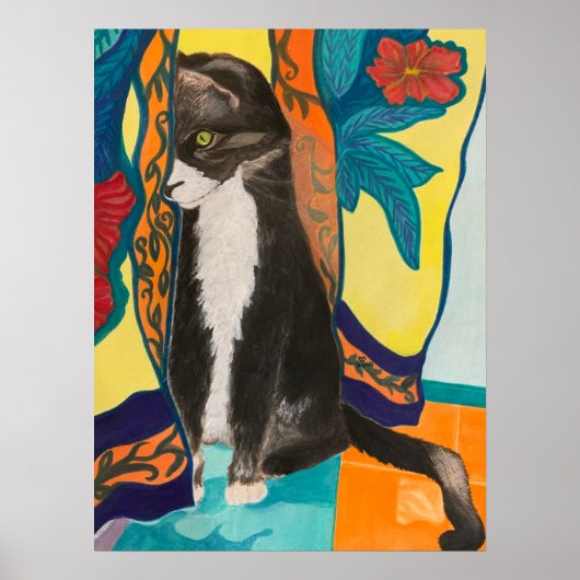 Poster Tuxedo Chat et rideaux brodés (Devant)