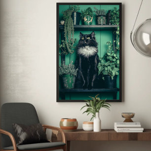 Poster Tuxedo Chat noir sur une étagère parmi la verdure