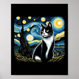 Poster Tuxedo Chat Starry Peinture de nuit Tuxedo Proprié