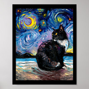 Poster Tuxedo Chat Sur La Plage Stars Nuit Impressionnist