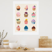 Poster Twelve Watercolor Cupcakes (Cuisine)