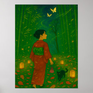 Poster Twilight dans la forêt de Bamboo - Kimono Girl