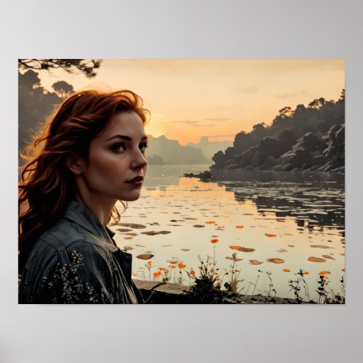 Poster Twilight Reflections - Femme au bord du lac romant (Devant)