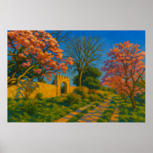 Poster Twin Blossoms - Peinture sur le chemin de jardin p