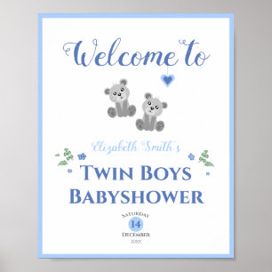 Poster Twin boys baby bears baby shower welcome sign