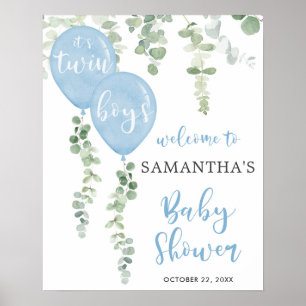 Poster Twin boys baby shower ballon bleu signe de bienven