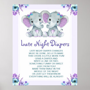 Poster Twin Elephants Late Night Diapers Baby shower Jeu