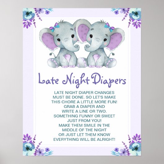 Poster Twin Elephants Late Night Diapers Baby shower Jeu (Devant)